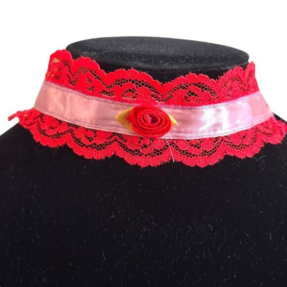 Red Lace Ribbon Choker Necklace Handmade Anna Konya Vintage Ren Faire Lolita 90s